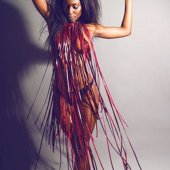 DarkestStarUK - OOAK - Leather Fringe Collar.Black leather collar/Magenta Fringe - Picture 5 of 12